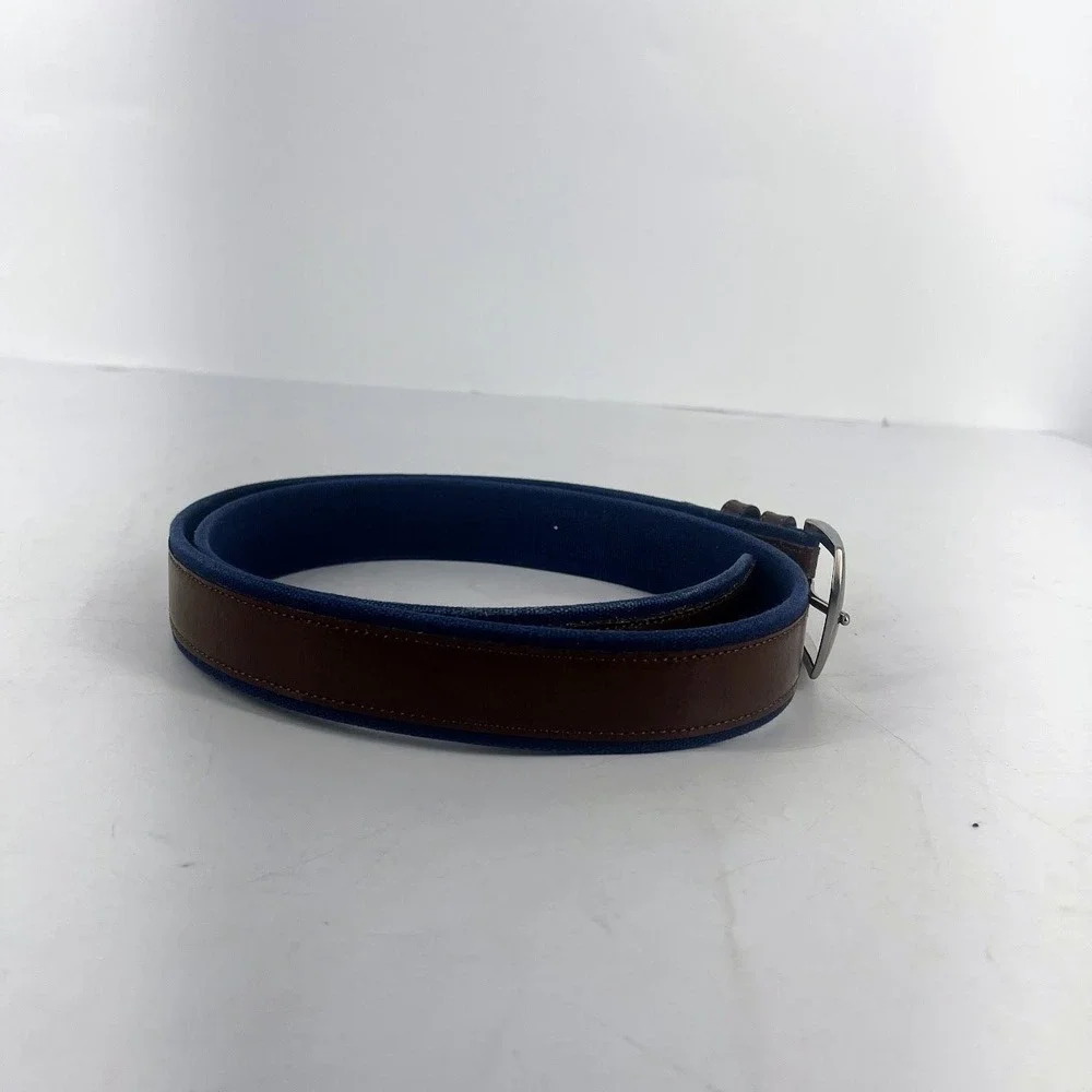 Nautica Mens Belt Brown‎ Leather Blue Canvas Silver Buckle Size 40